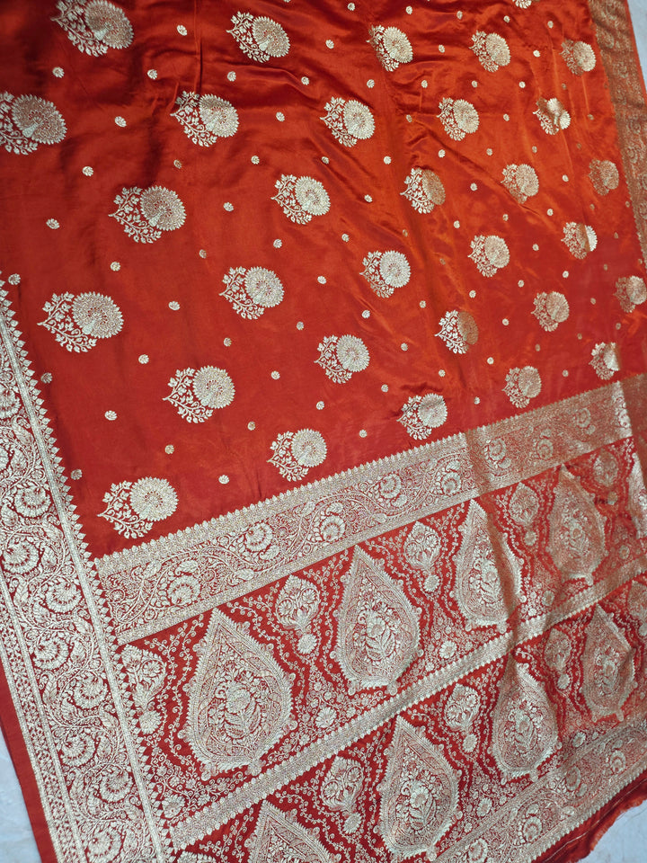 MASHRU KATAN SILK IN ORANGE WITH GOLD ZARI WORK BOOTA