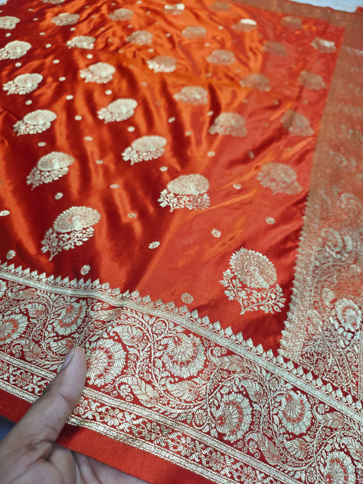 MASHRU KATAN SILK IN ORANGE WITH GOLD ZARI WORK BOOTA