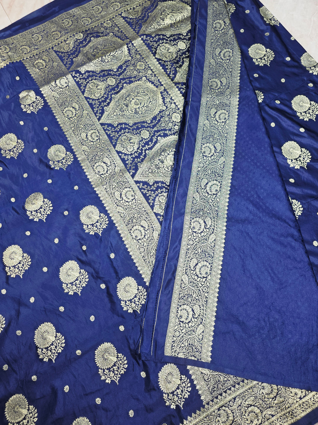 MASHRU KATAN SILK IN NAVY BLUE WITH GOLD ZARI WORK