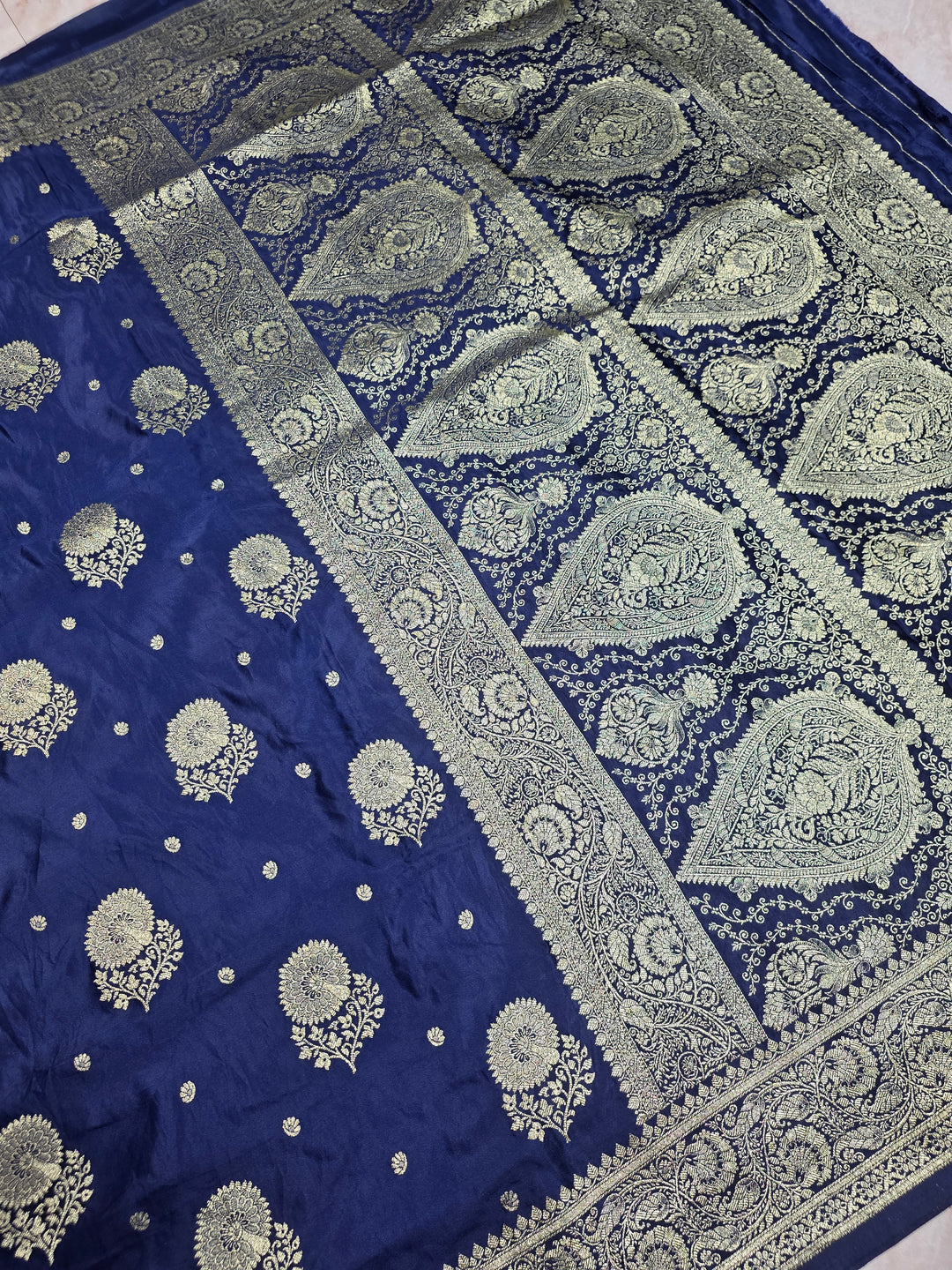 MASHRU KATAN SILK IN NAVY BLUE WITH GOLD ZARI WORK