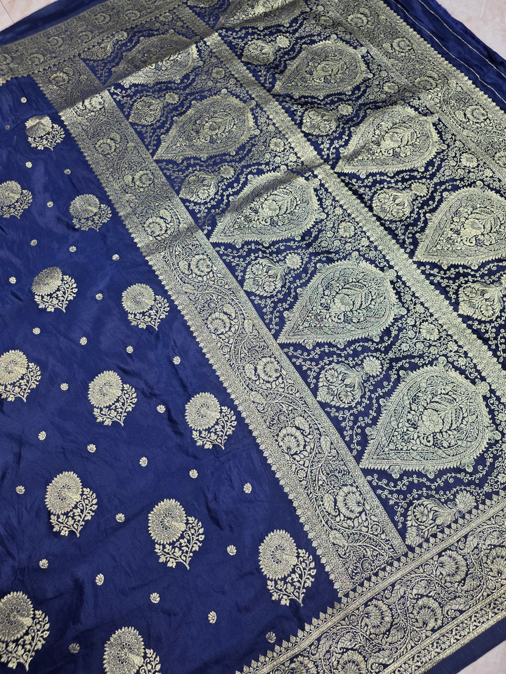 MASHRU KATAN SILK IN NAVY BLUE WITH GOLD ZARI WORK