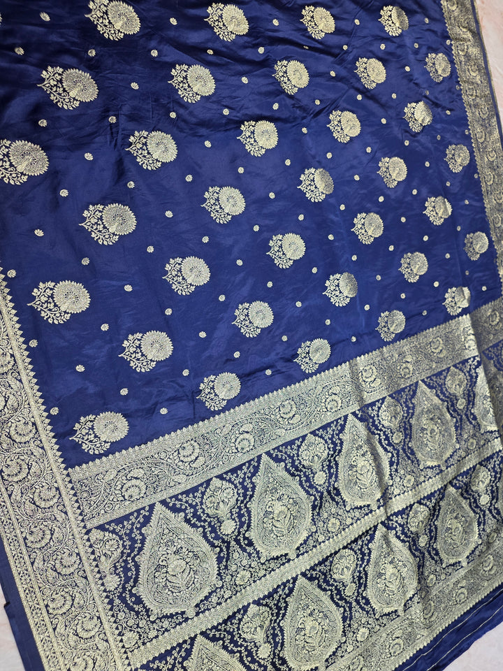 MASHRU KATAN SILK IN NAVY BLUE WITH GOLD ZARI WORK