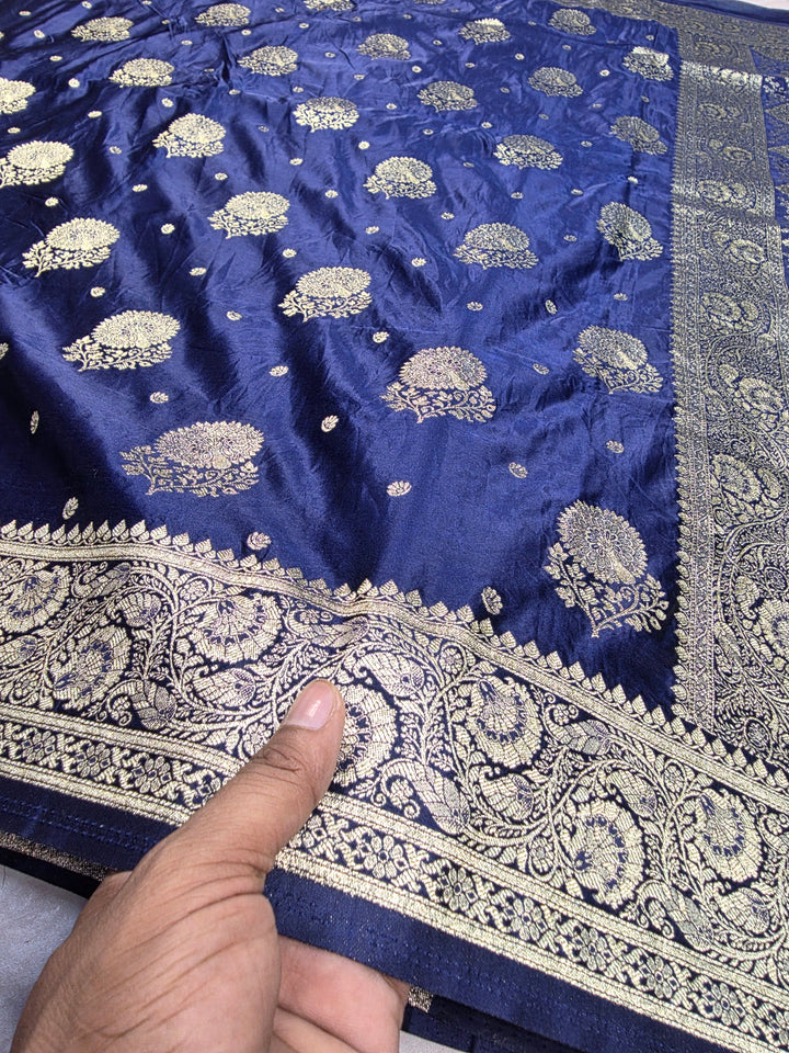 MASHRU KATAN SILK IN NAVY BLUE WITH GOLD ZARI WORK