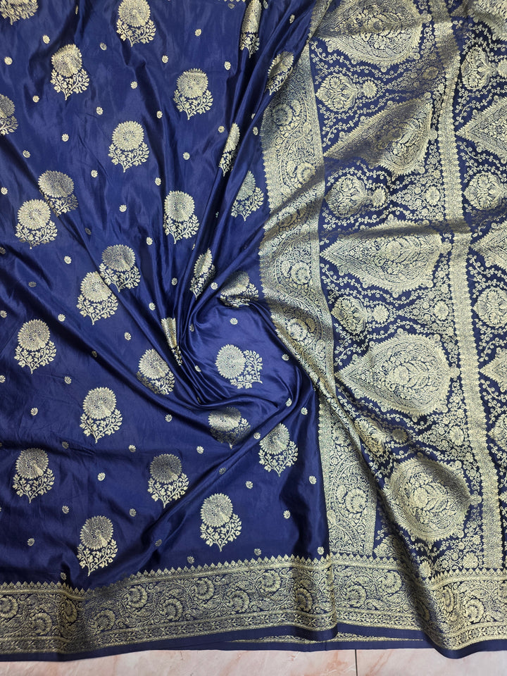 MASHRU KATAN SILK IN NAVY BLUE WITH GOLD ZARI WORK