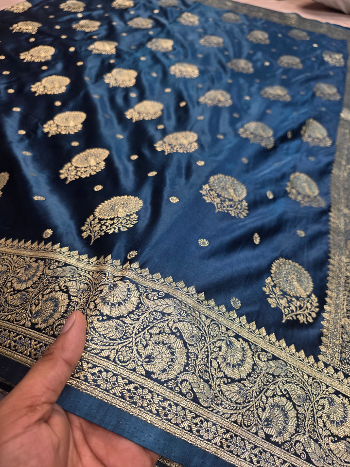 MASHRU KATAN SILK IN ROYAL BLUE WITH ZARIWORK BOOTI