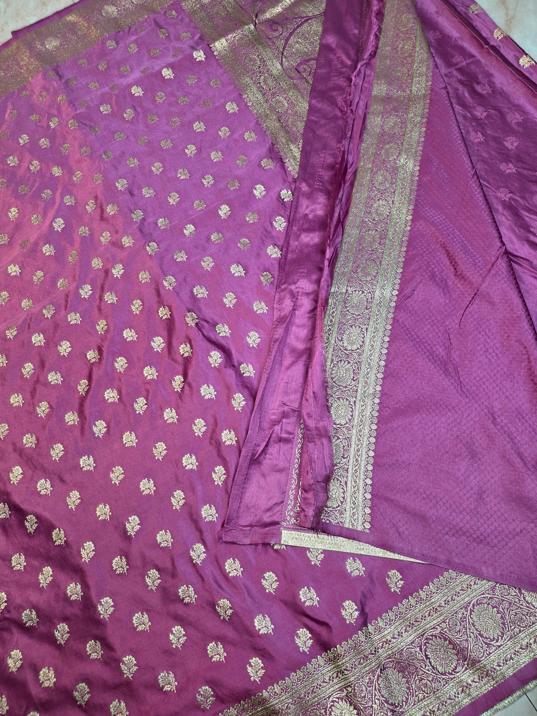 MASHRU KATAN SILK IN LAVENDER WITH SMALL GOLD ZARI MOTIFS