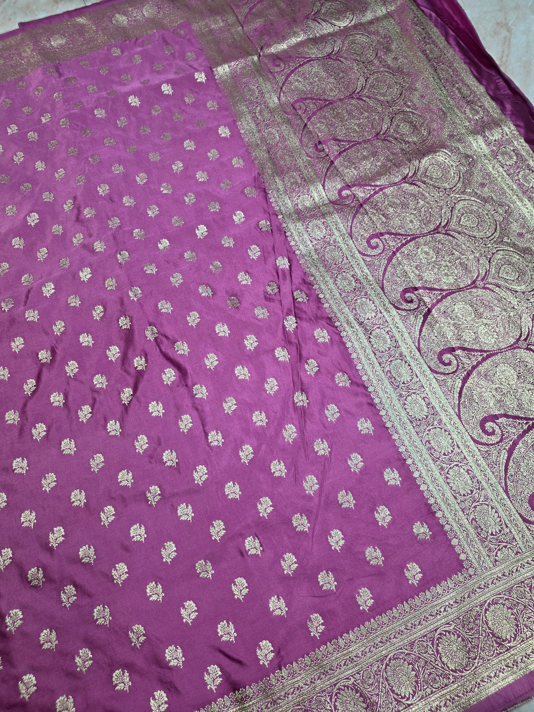 MASHRU KATAN SILK IN LAVENDER WITH SMALL GOLD ZARI MOTIFS