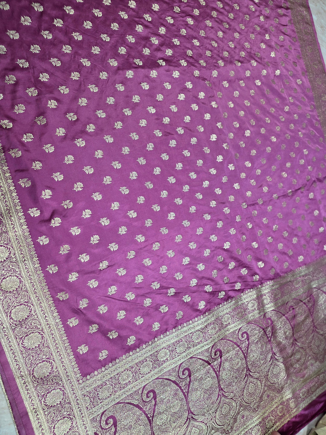 MASHRU KATAN SILK IN LAVENDER WITH SMALL GOLD ZARI MOTIFS