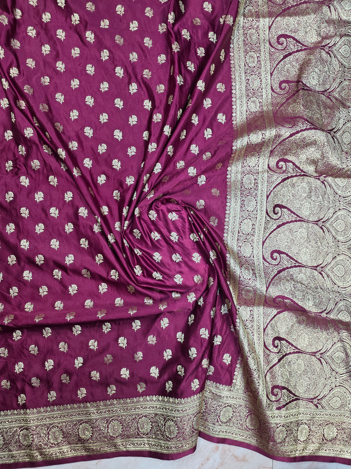 MASHRU KATAN SILKI N MAGENTA WITH SMALL GOLD ZARI MOTIFS