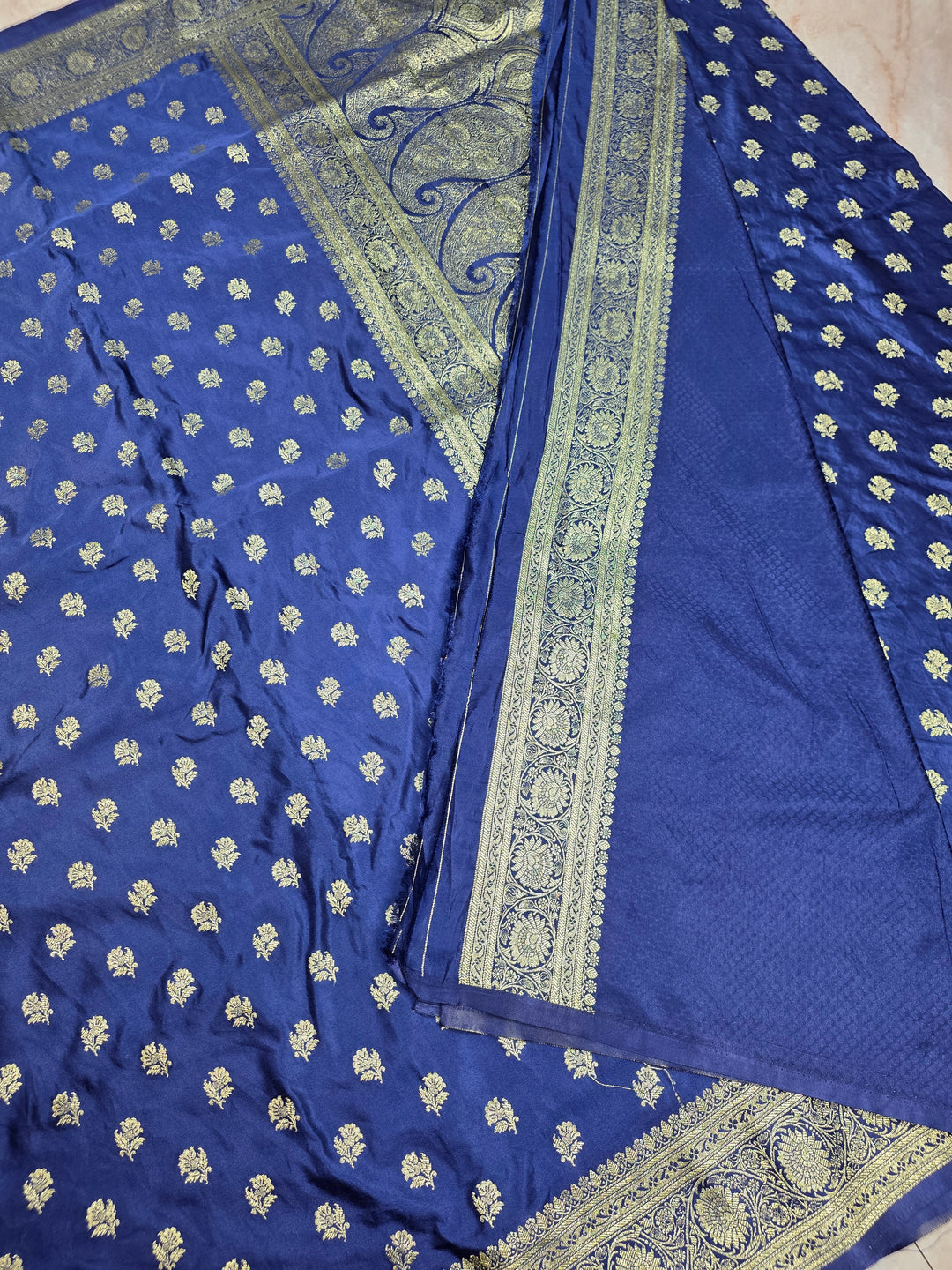 MASHRU KATAN SILK IN NAVY BLUE WITH SMALL GOLD ZARI MOTIFS