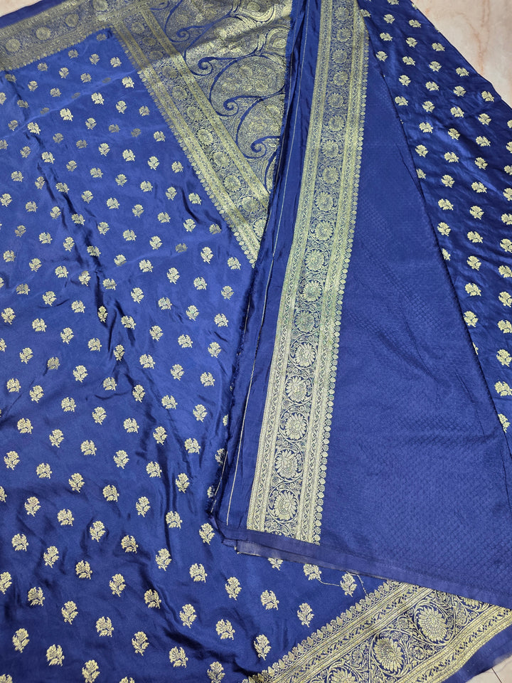 MASHRU KATAN SILK IN NAVY BLUE WITH SMALL GOLD ZARI MOTIFS