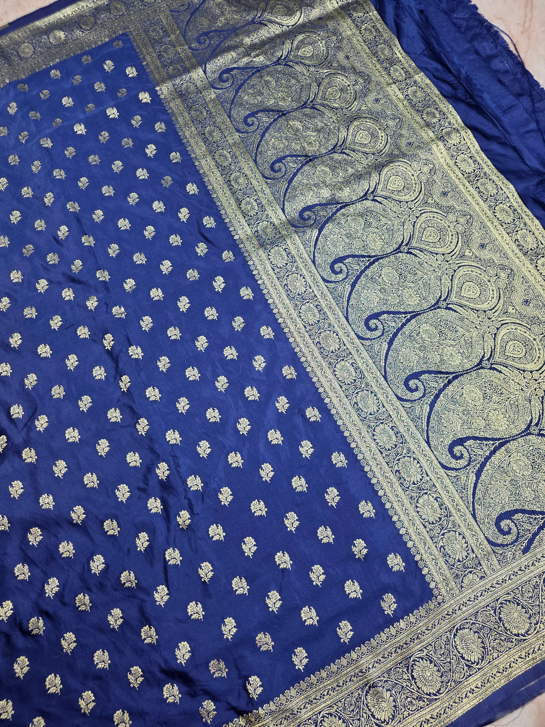 MASHRU KATAN SILK IN NAVY BLUE WITH SMALL GOLD ZARI MOTIFS