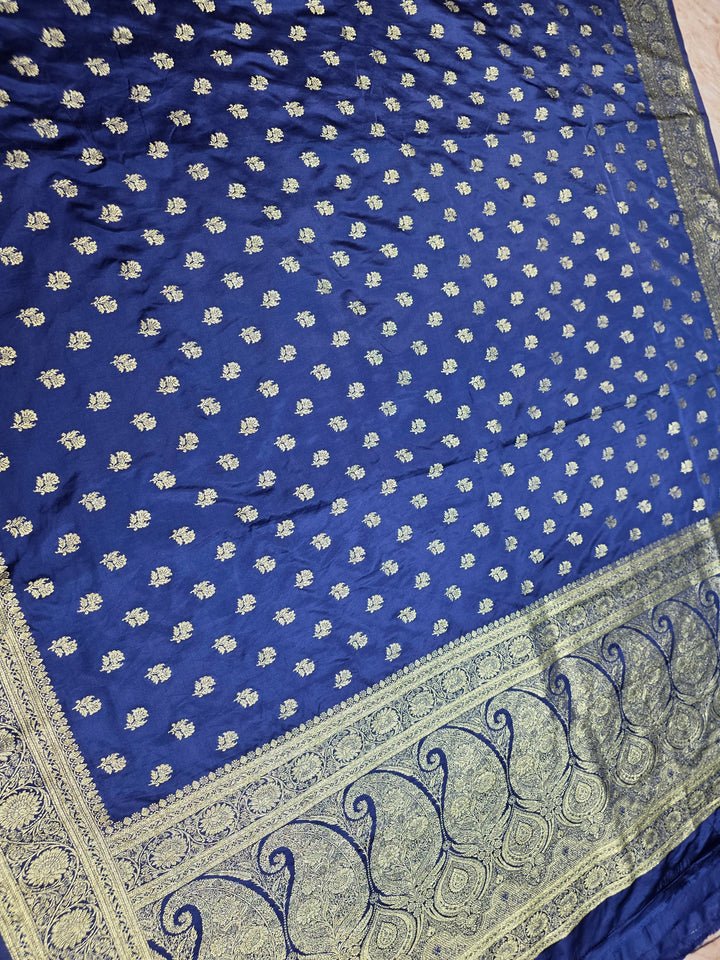 MASHRU KATAN SILK IN NAVY BLUE WITH SMALL GOLD ZARI MOTIFS