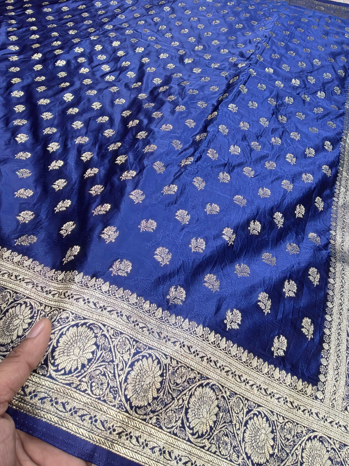 MASHRU KATAN SILK IN NAVY BLUE WITH SMALL GOLD ZARI MOTIFS