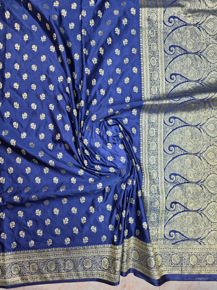 MASHRU KATAN SILK IN NAVY BLUE WITH SMALL GOLD ZARI MOTIFS