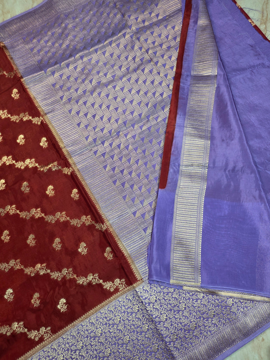 RUSSIAN SILK IN MAROON WITH LAVENDER BORDER