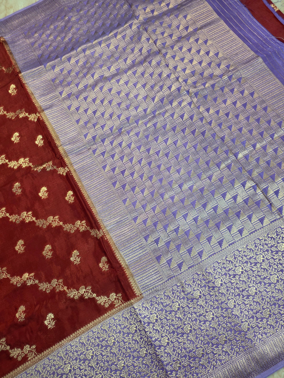 RUSSIAN SILK IN MAROON WITH LAVENDER BORDER
