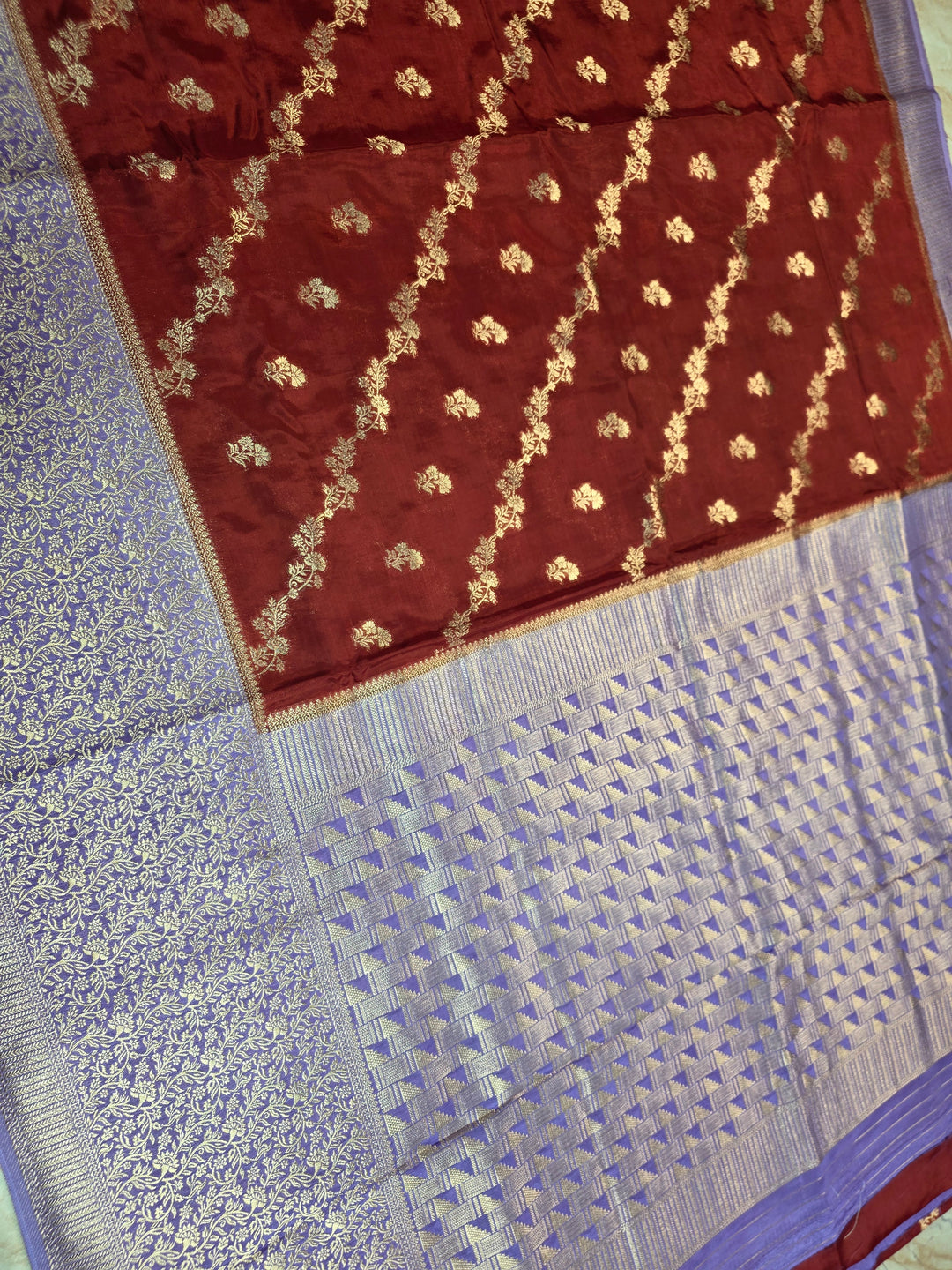 RUSSIAN SILK IN MAROON WITH LAVENDER BORDER