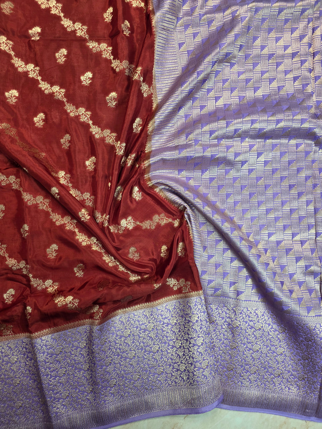 RUSSIAN SILK IN MAROON WITH LAVENDER BORDER