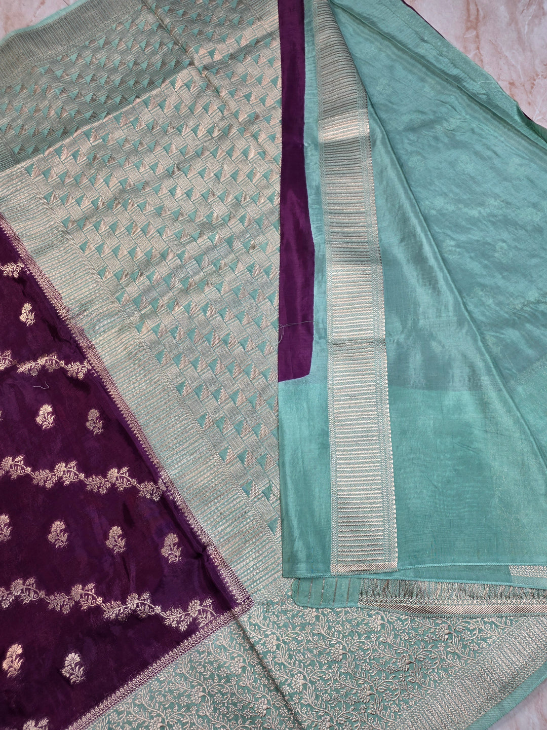 RUSSIAN SILK IN INDIGO WITH SEA GREEN BORDER