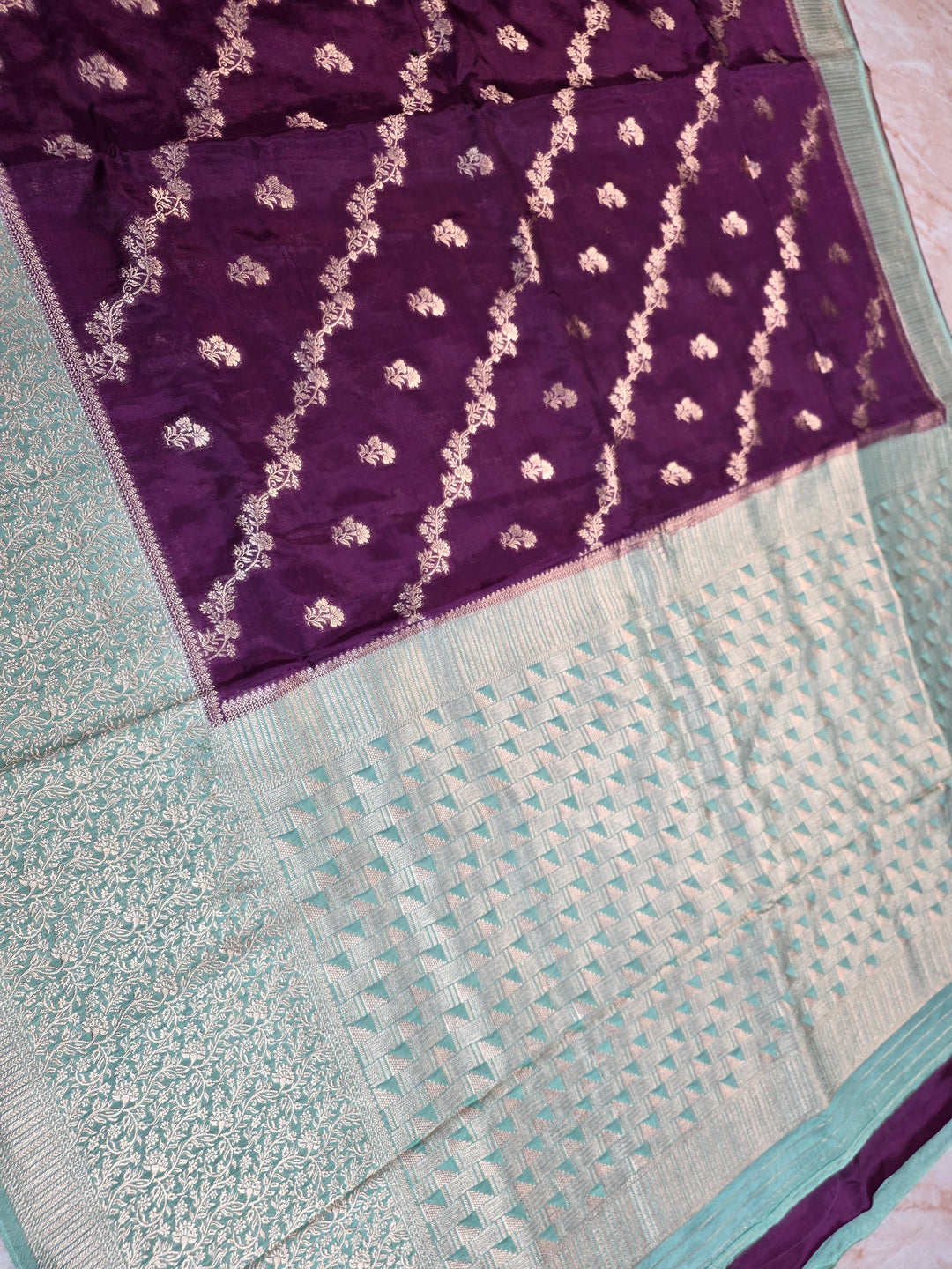 RUSSIAN SILK IN INDIGO WITH SEA GREEN BORDER