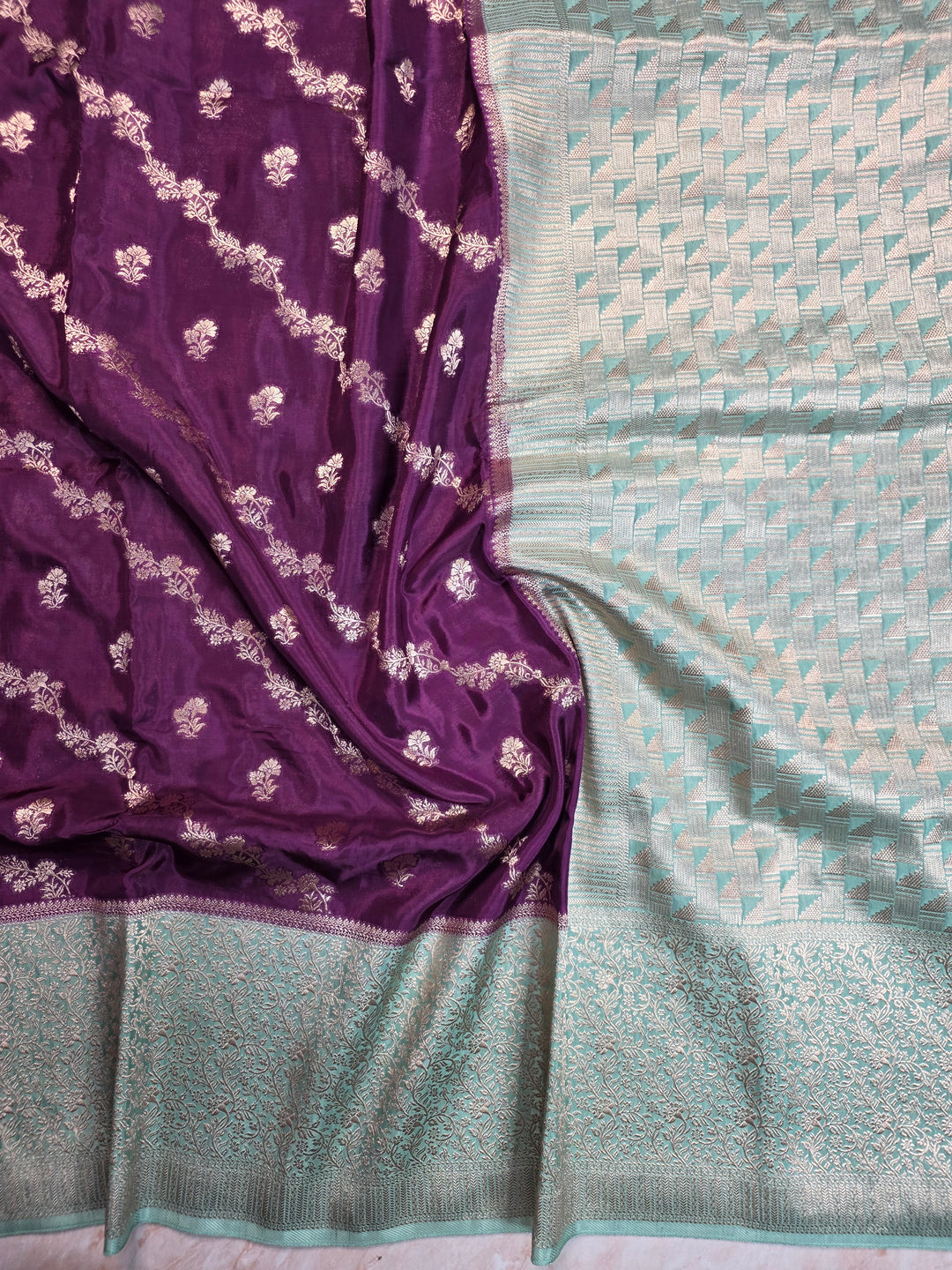 RUSSIAN SILK IN INDIGO WITH SEA GREEN BORDER
