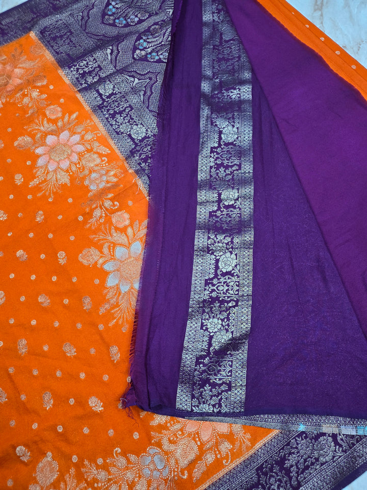 KHADDI GEROGETTE IN TANGY ORANGE WITH VIOLET BORDER