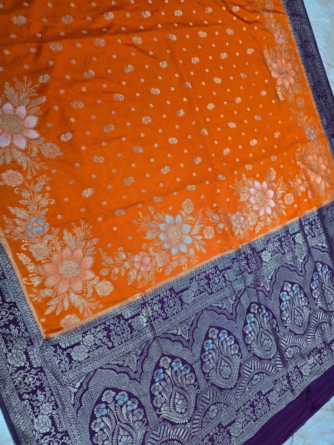 KHADDI GEROGETTE IN TANGY ORANGE WITH VIOLET BORDER