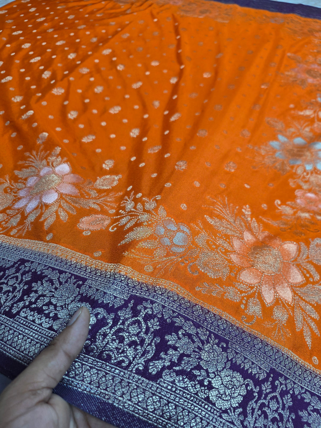 KHADDI GEROGETTE IN TANGY ORANGE WITH VIOLET BORDER