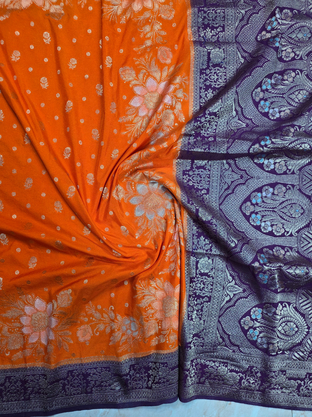KHADDI GEROGETTE IN TANGY ORANGE WITH VIOLET BORDER
