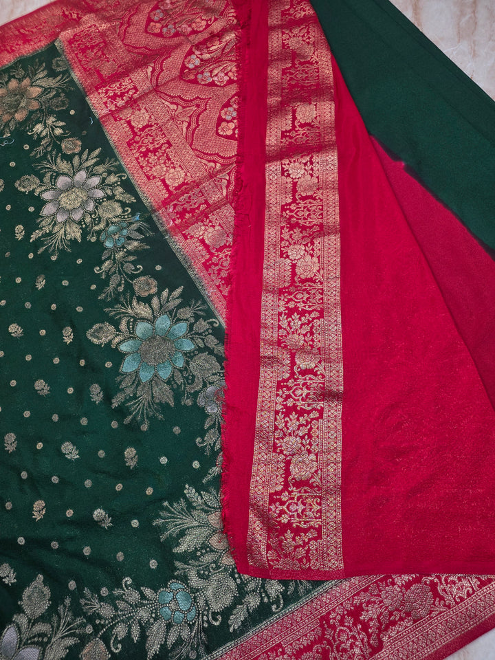 KHADDI GEORGETTE IN BOTTLE GREEN WITH RANI BORDER