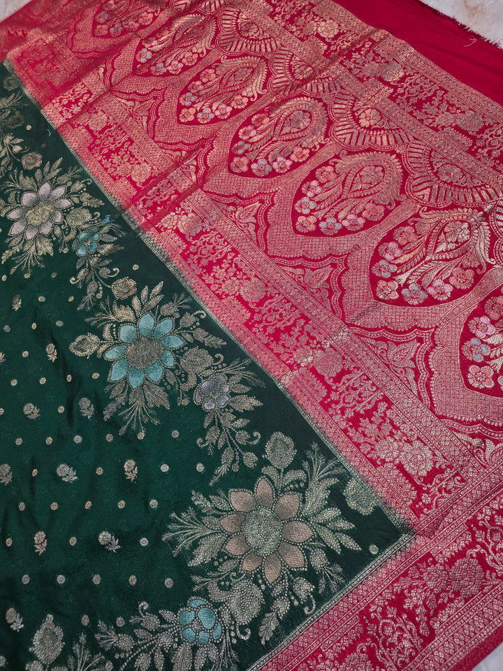 KHADDI GEORGETTE IN BOTTLE GREEN WITH RANI BORDER