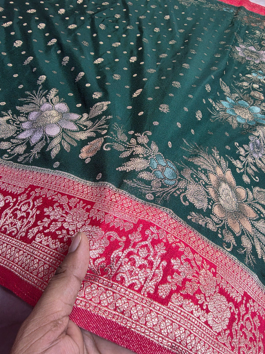 KHADDI GEORGETTE IN BOTTLE GREEN WITH RANI BORDER