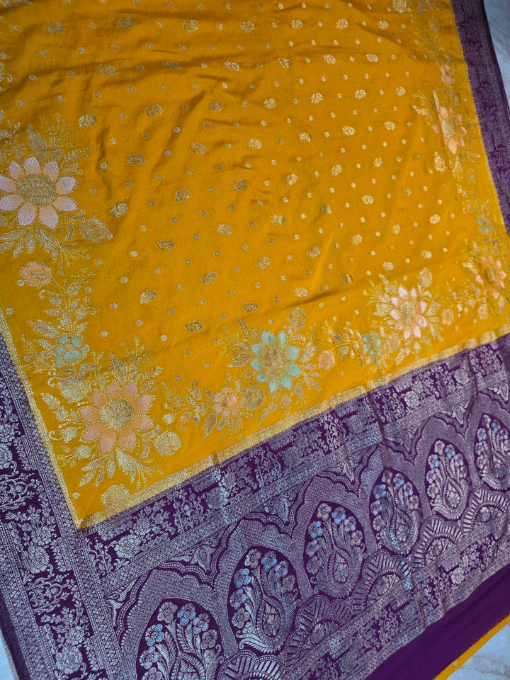KHADDI GEORGETTE IN AIRY GOLD WITH MAGENTA BORDER