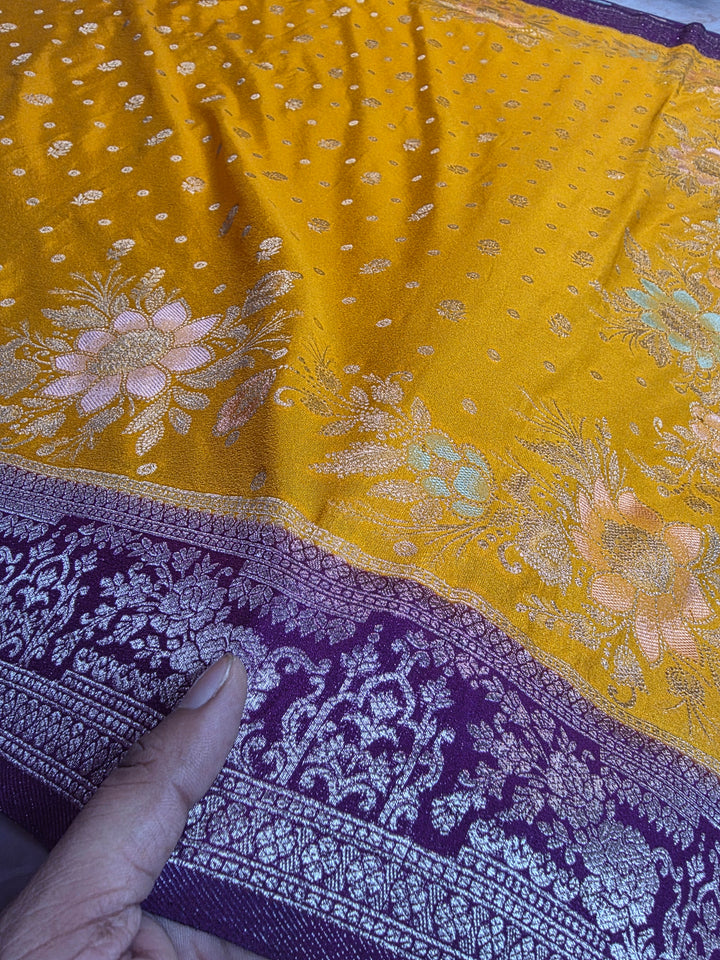 KHADDI GEORGETTE IN AIRY GOLD WITH MAGENTA BORDER