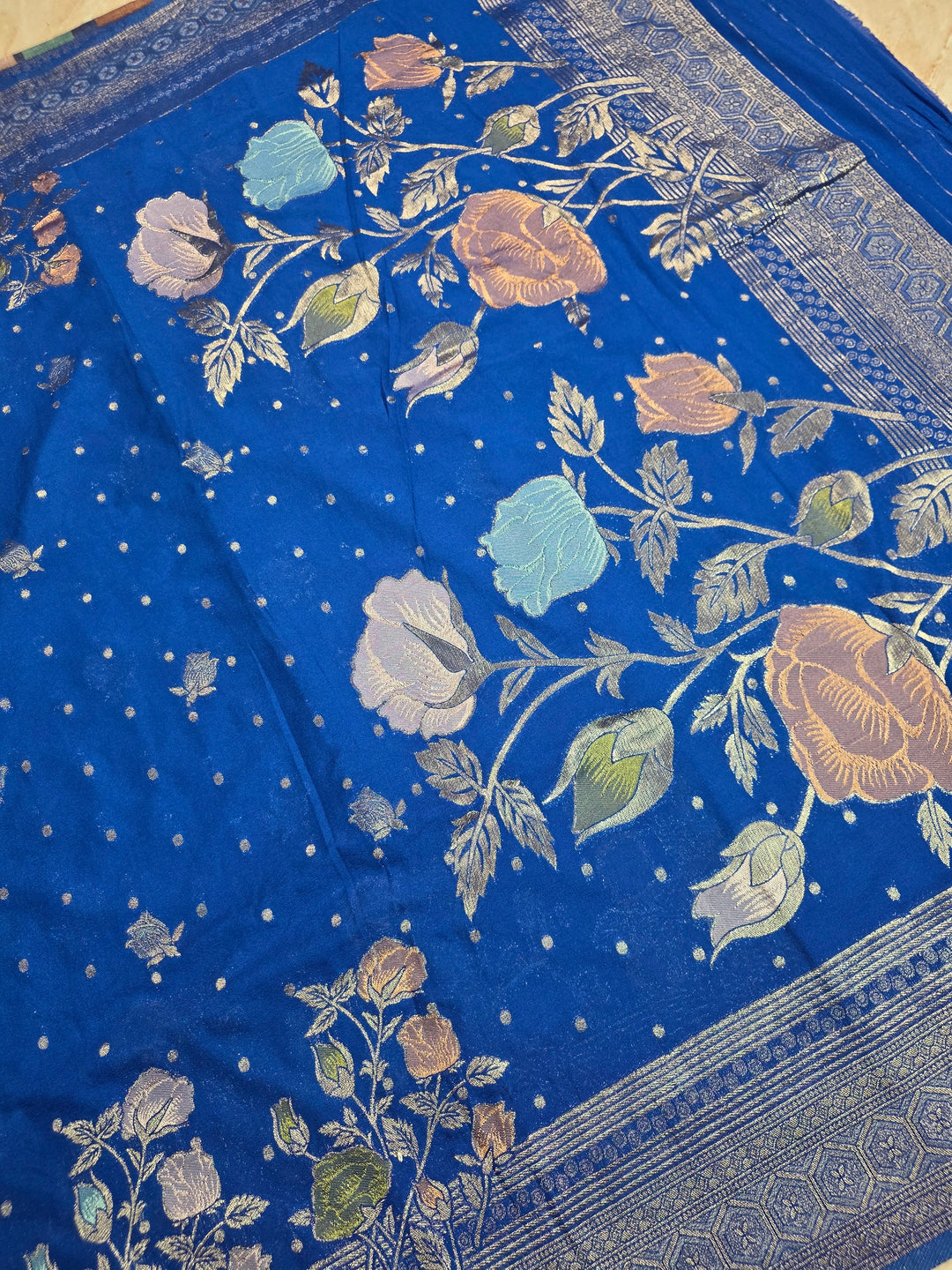 KHADDI GEROGETTE IN ROYAL BLUE WITH PANCHRANG BOOTA
