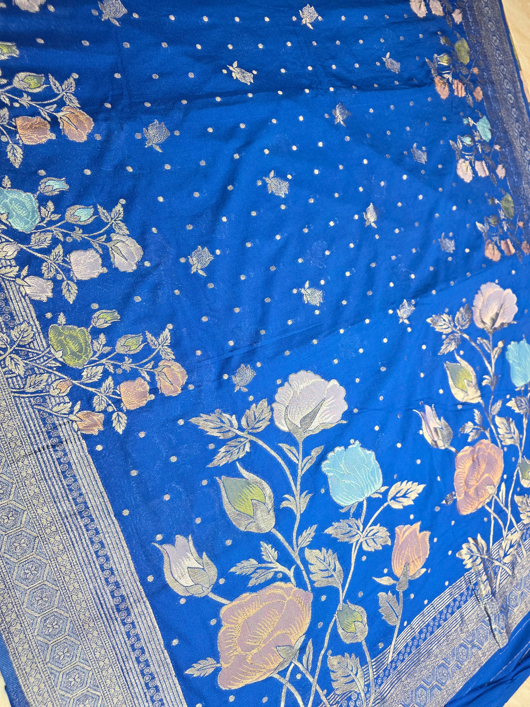 KHADDI GEROGETTE IN ROYAL BLUE WITH PANCHRANG BOOTA