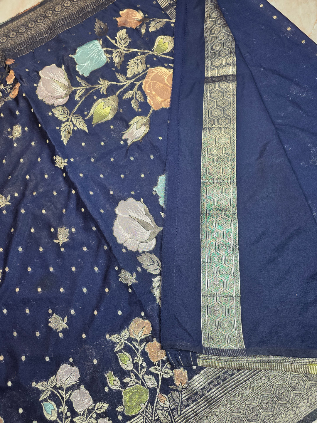 KHADDI GEROGETTE IN NAVY BLUE WITH PANCHRANG BOOTA