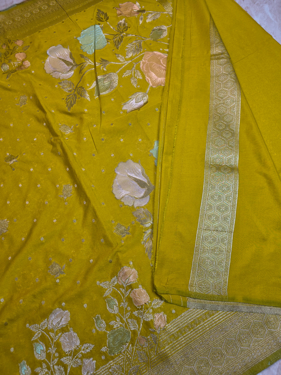 KHADDI GEORGETTE IN MUSTARD GOLD WITH PANCHRANG BOOTA
