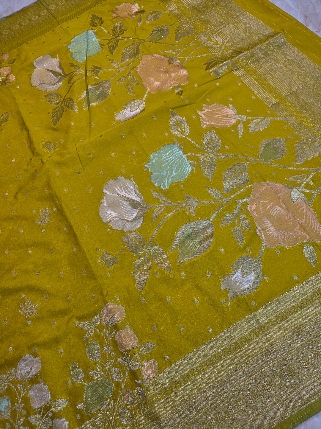KHADDI GEORGETTE IN MUSTARD GOLD WITH PANCHRANG BOOTA