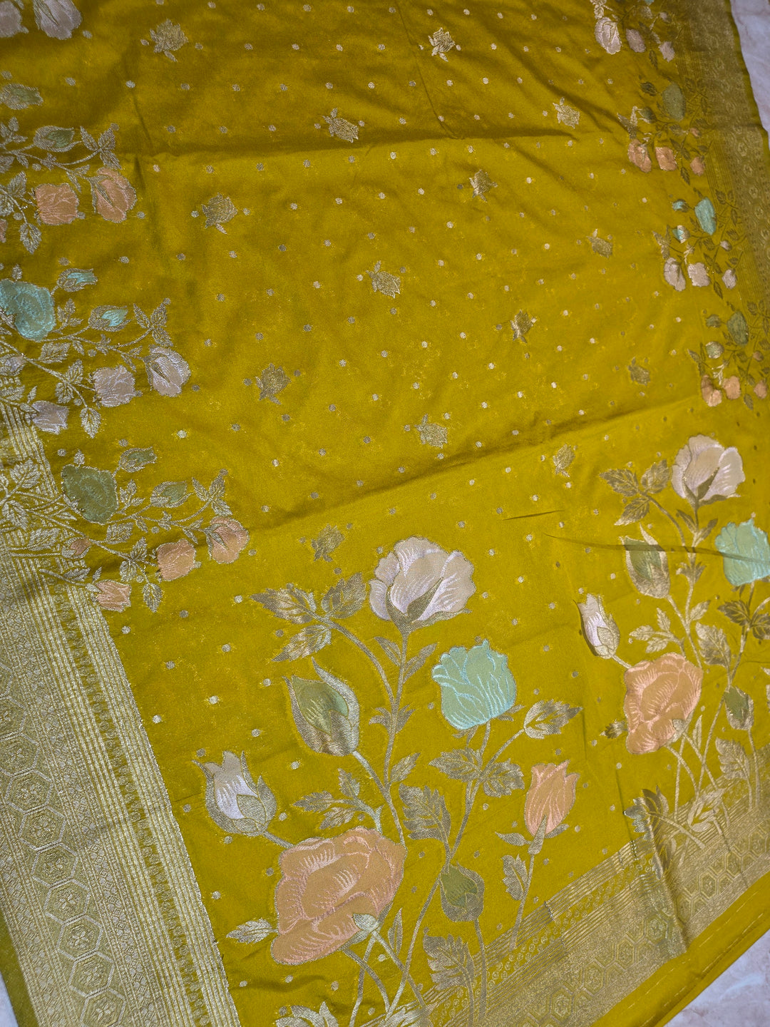 KHADDI GEORGETTE IN MUSTARD GOLD WITH PANCHRANG BOOTA