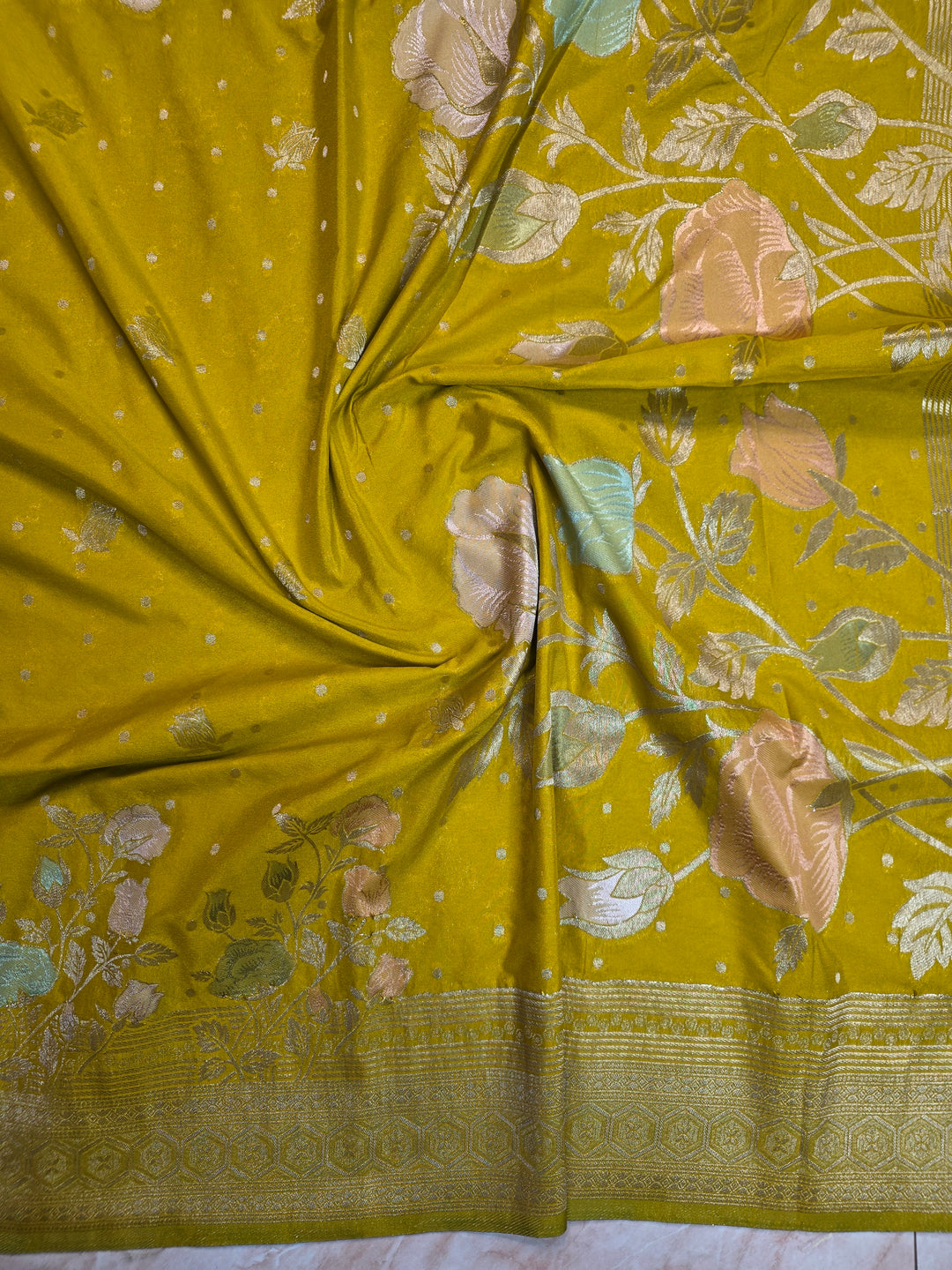 KHADDI GEORGETTE IN MUSTARD GOLD WITH PANCHRANG BOOTA