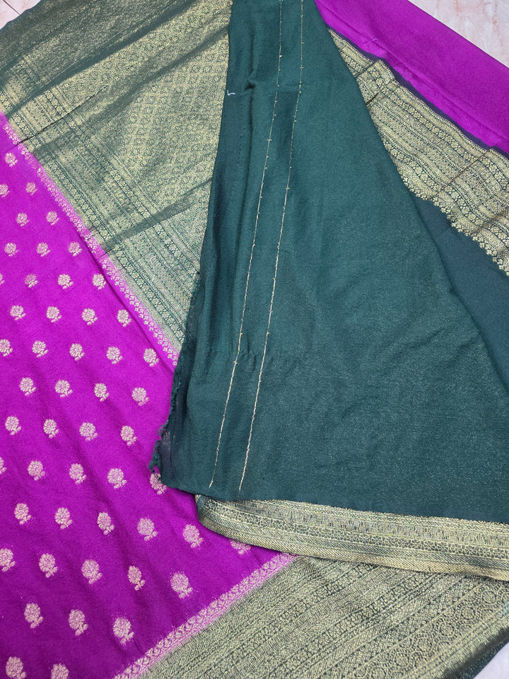 KHADDI GEORGETTE IN PURPLE WITH BOTTLE GREEN BORDER