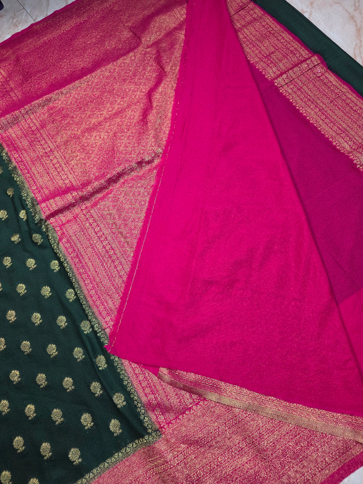 KHADDI GEORGETTE IN BOTTLE GREEN WITH RANI BORDER