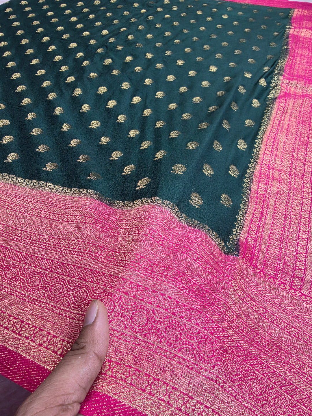 KHADDI GEORGETTE IN BOTTLE GREEN WITH RANI BORDER