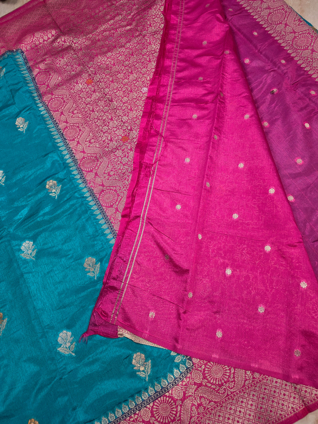 PAPER SILK IN FEROZI BLUE MINAKARI SAREE WITH RANI BORDER