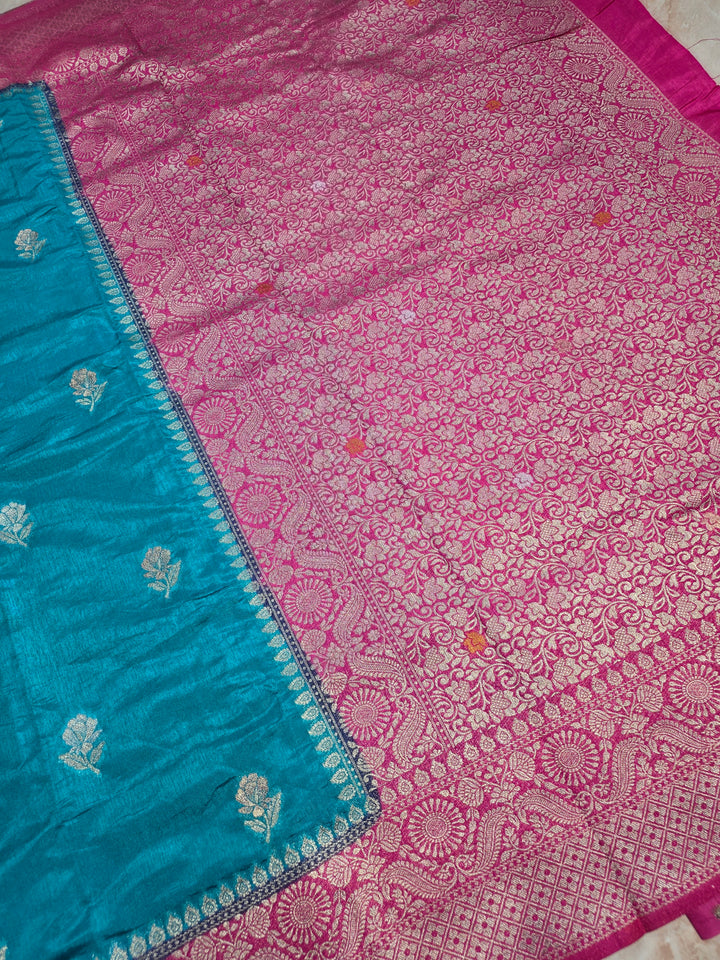 PAPER SILK IN FEROZI BLUE MINAKARI SAREE WITH RANI BORDER