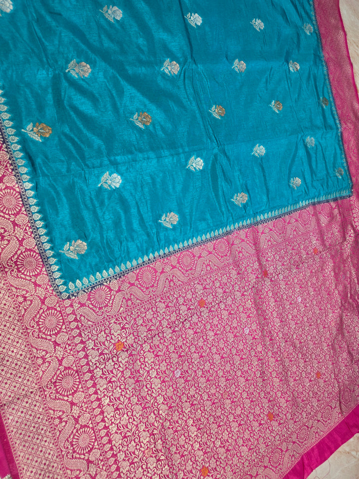 PAPER SILK IN FEROZI BLUE MINAKARI SAREE WITH RANI BORDER