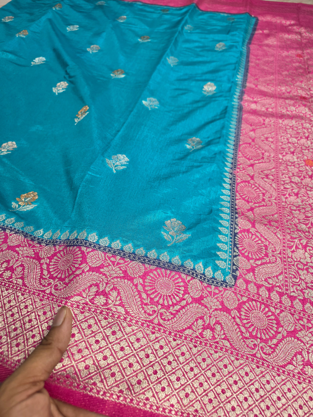 PAPER SILK IN FEROZI BLUE MINAKARI SAREE WITH RANI BORDER