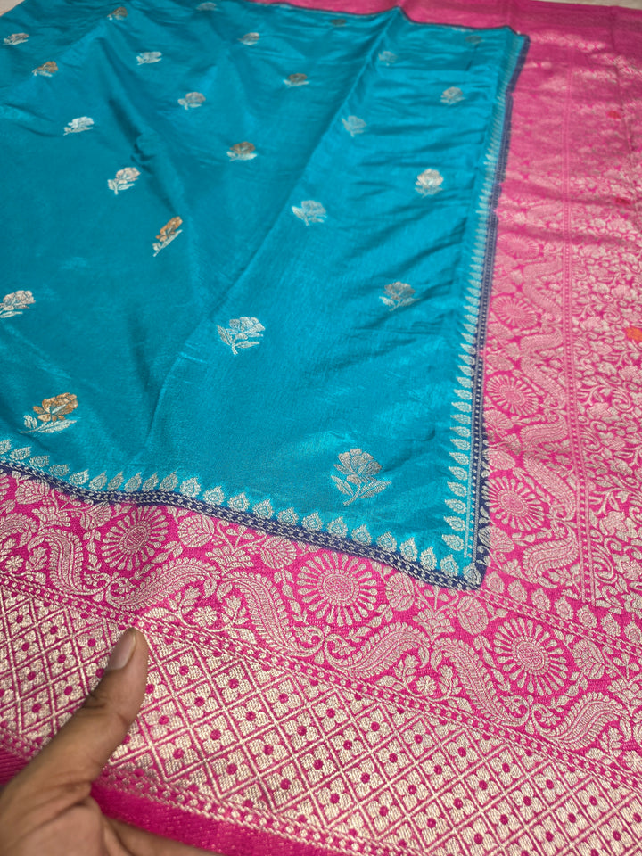 PAPER SILK IN FEROZI BLUE MINAKARI SAREE WITH RANI BORDER